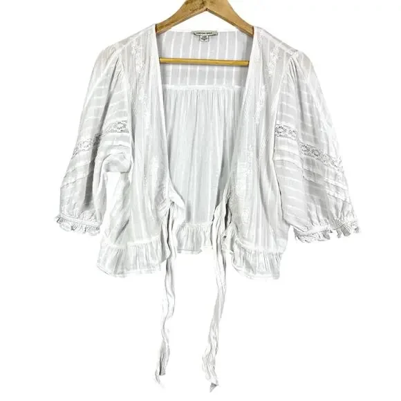 American Eagle V-Neck Gauzy Lace Tie-Front White Blouse Top BOHO L - Picture 6 of 14